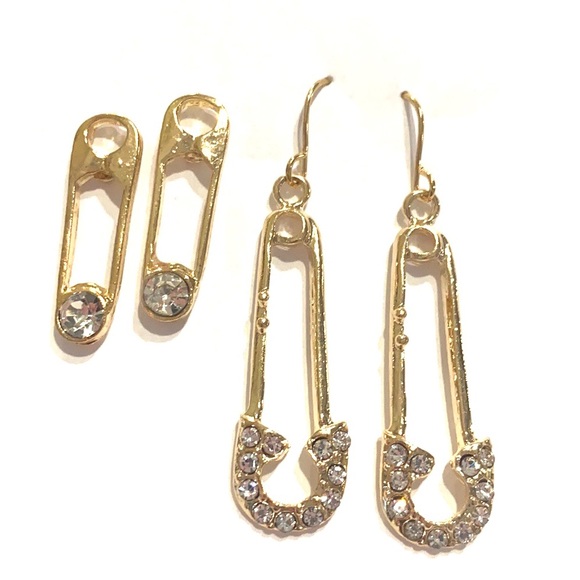 Safety Pin Earrings 2 Pairs Gold Tone Clear Rhinestones - Picture 2 of 4